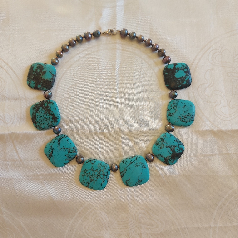 Antique Unique Natural Turquoise & Pearl Necklace 60s 70s